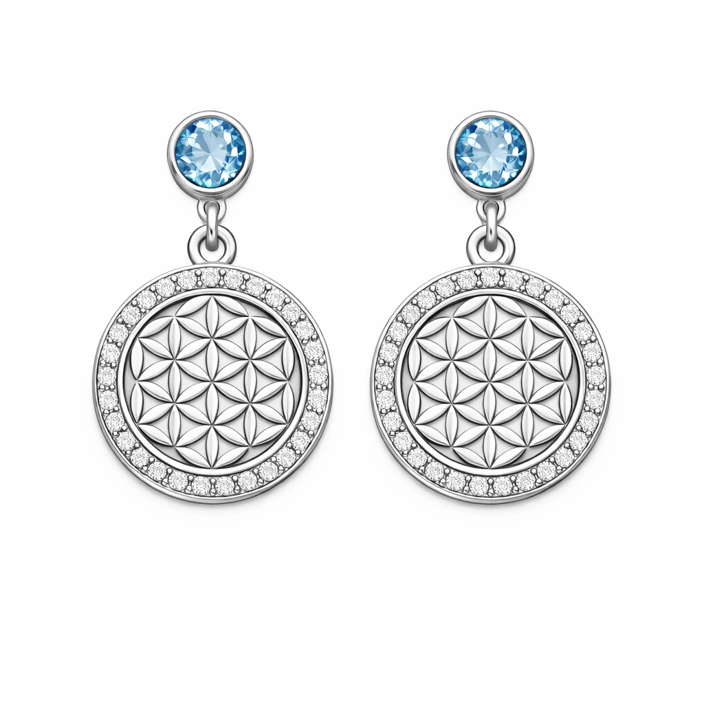 Boucles d’Oreilles Fleur de Vie Argent & Pierre Bleue – Bijou Géométrique Élégant